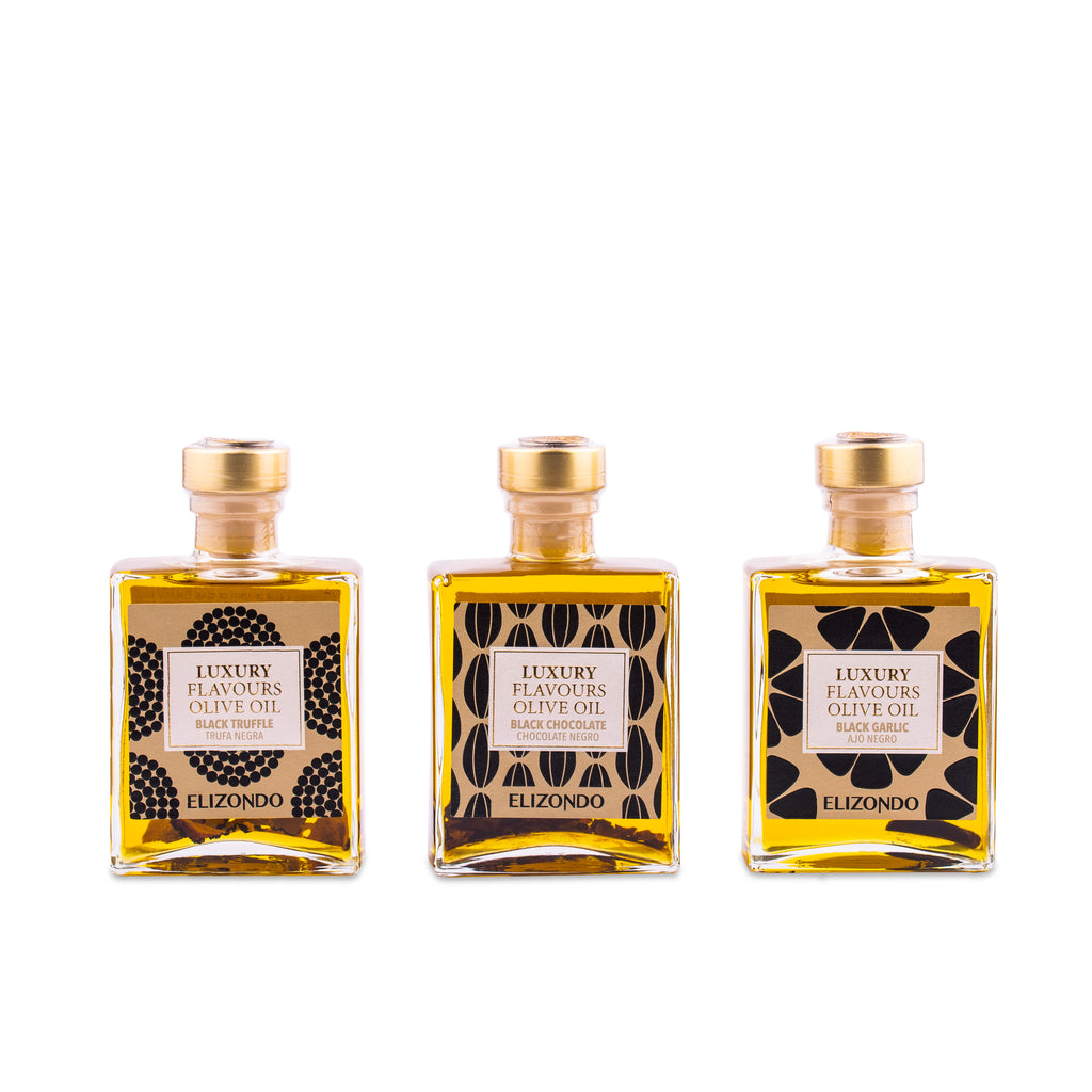 Elizondo Luxury Flavours Zestaw oliw aromatyzowanych 3x200ml (Czarna trufla, Czarny czosnek, Czekolada) w opakowaniach prezentowych