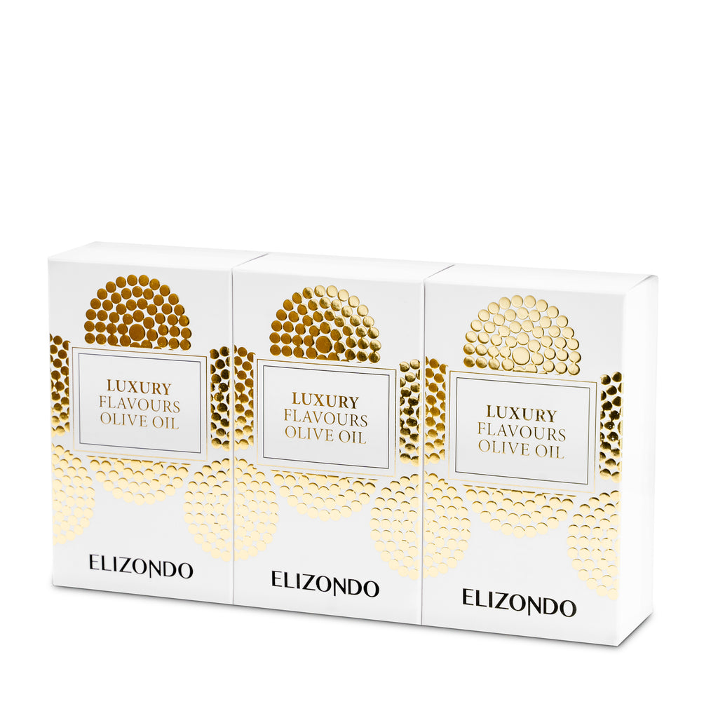 Elizondo Luxury Flavours Zestaw oliw aromatyzowanych 3x200ml (Czarna trufla, Czarny czosnek, Czekolada) w opakowaniach prezentowych